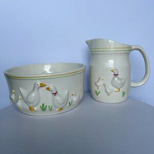 Ribbon Geese Bowl And Pitcher Ceramic Set Vintage Treasure Craft USA